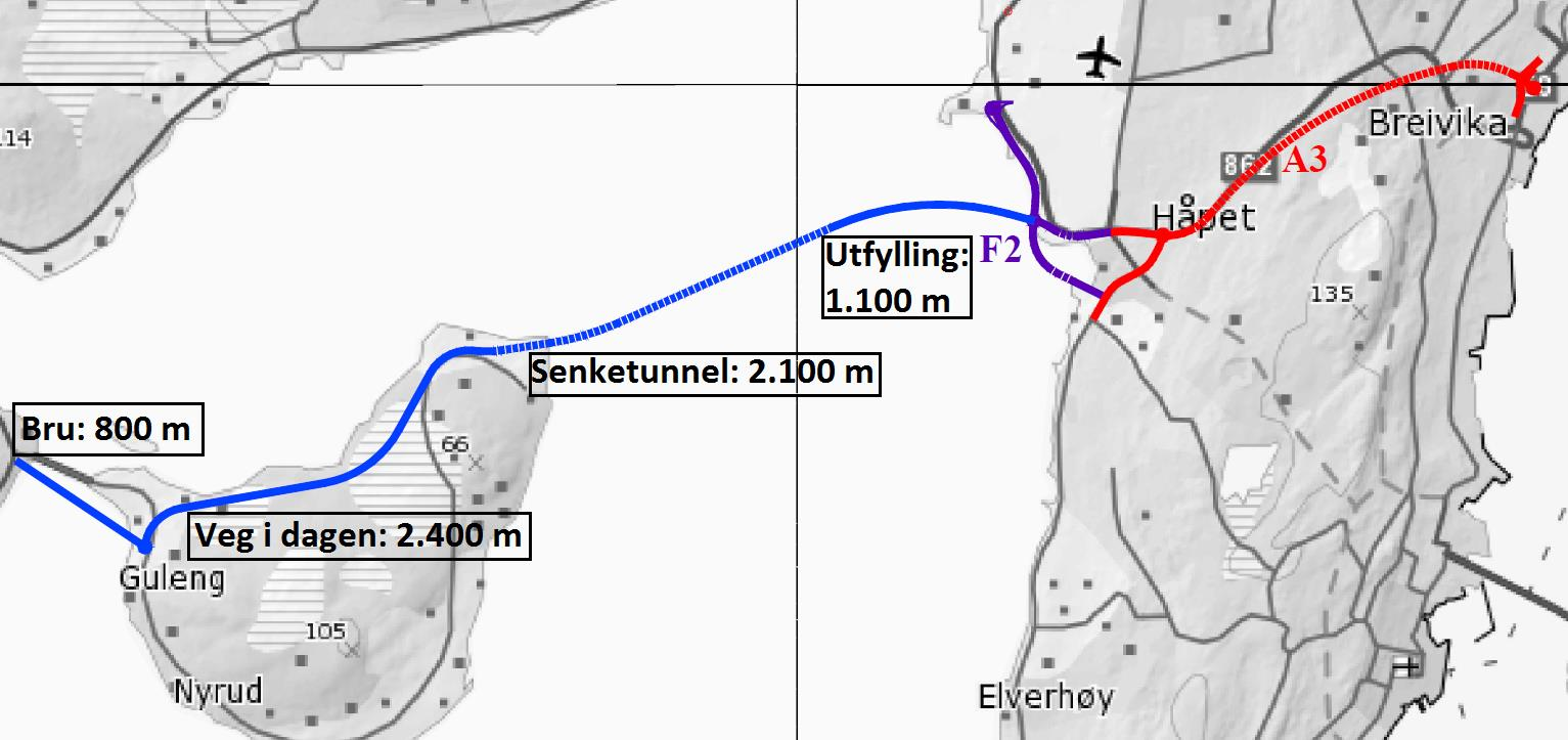 Figur 32 Prinsippskisse for senketunnel fra Langnes til Håkøya - kombinert med A3 Kostnadene med bygging av ny veg på Håkøya og ny bru mellom Håkøya og Kvaløya vil bli i størrelsesorden 300 mill. kr.