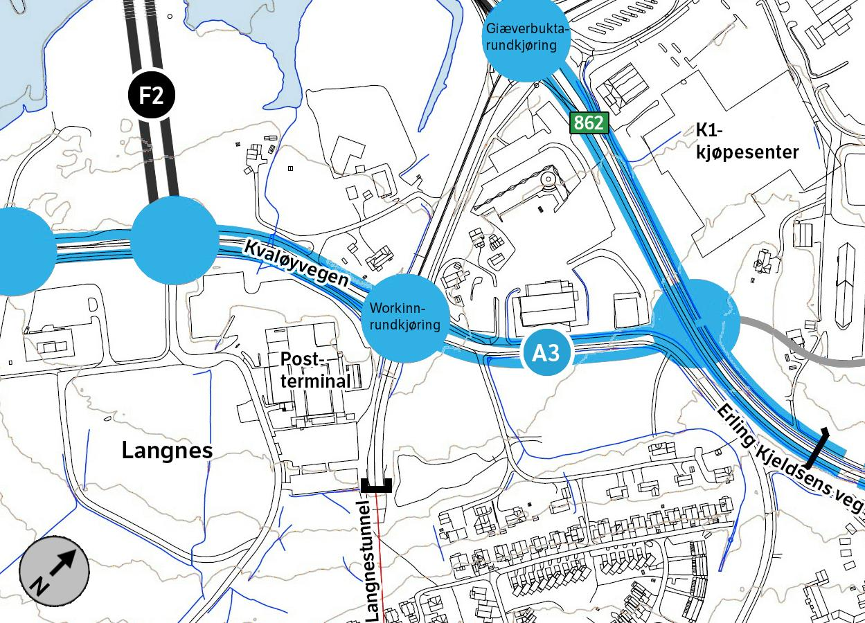 3.5.2 Langnes I Langnesområdet foreligger områdereguleringsplan godkjent i 2014. Som omtalt i kapittel 3.1 defineres denne planløsningen som en del av alternativ 0 (referansealternativet).