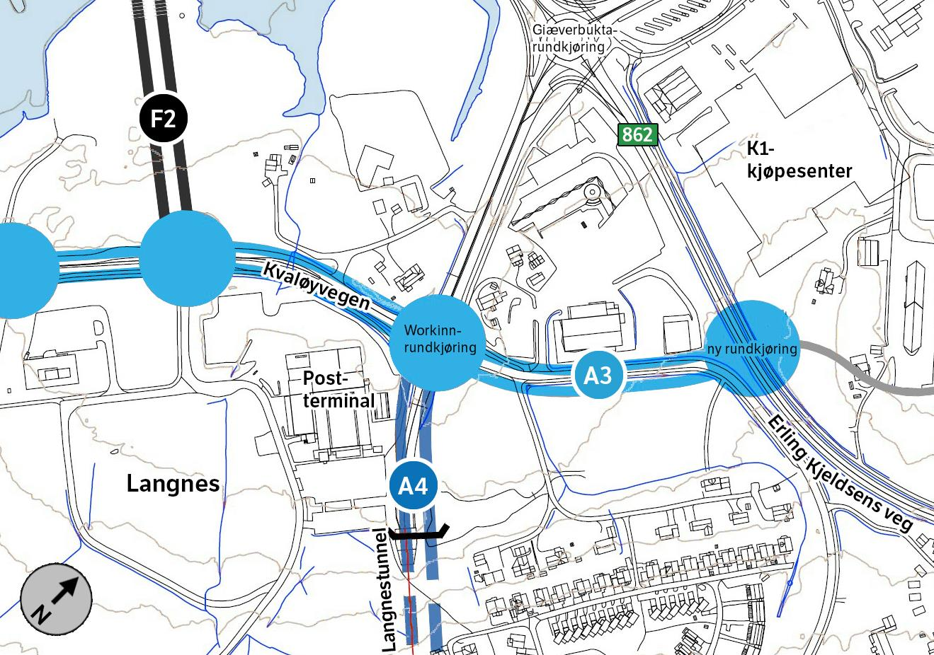 Alternativene A3 og C1 har påhugg i eksisterende tverrforbindelse slik det allerede er innarbeidet i områdereguleringsplanen. Påhugget til tunnelen er vist med teksten A3 på kartskissa.