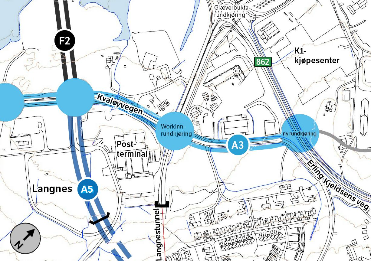 Figur 38 Tunnelpåhugg, påkobling og vegtiltak for alternativ A5 (jf. områdeplan Langnes) 3.5.3 Kvaløyvegen og Holt Ett av tunnelalternativene til Håkøya/Kvaløya alternativ B7 har utgangspunkt på Holt.