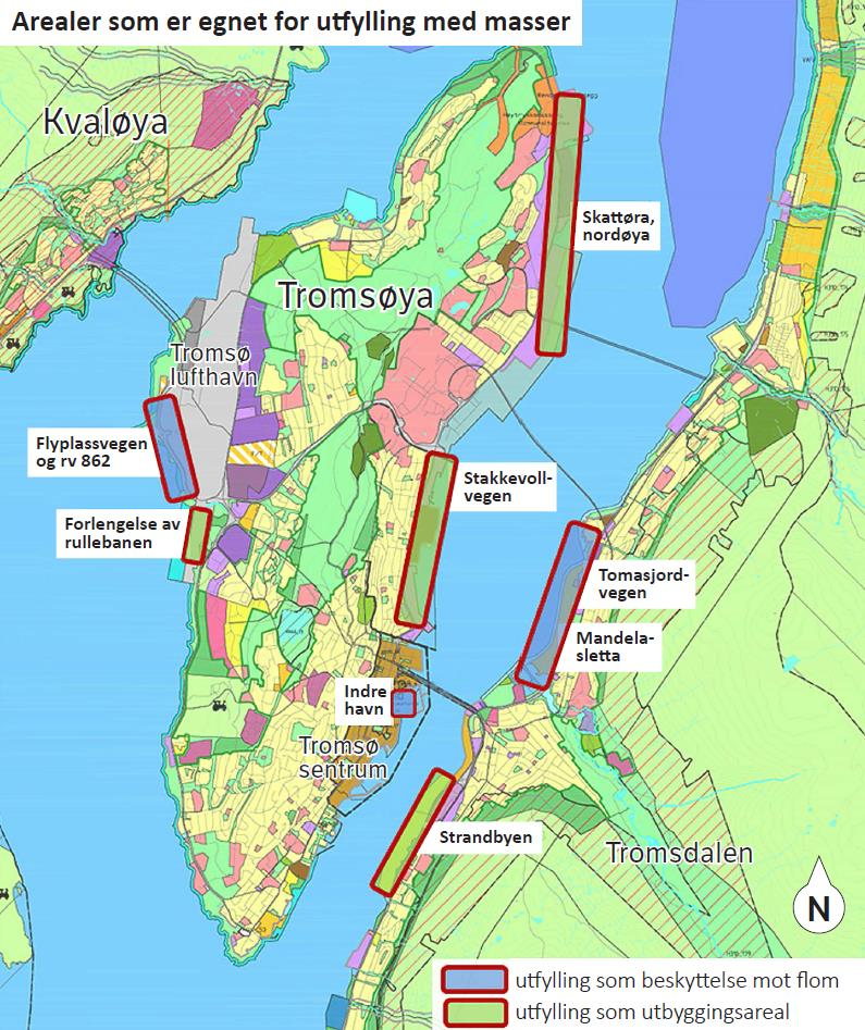 Figur 46 Aktuelle utfyllingsområder, Tromsø kommune Massedeponi og rigg kan endre landskapets karakter, men kan også sette i stand et ødelagt område, for eksempel et sandtak.