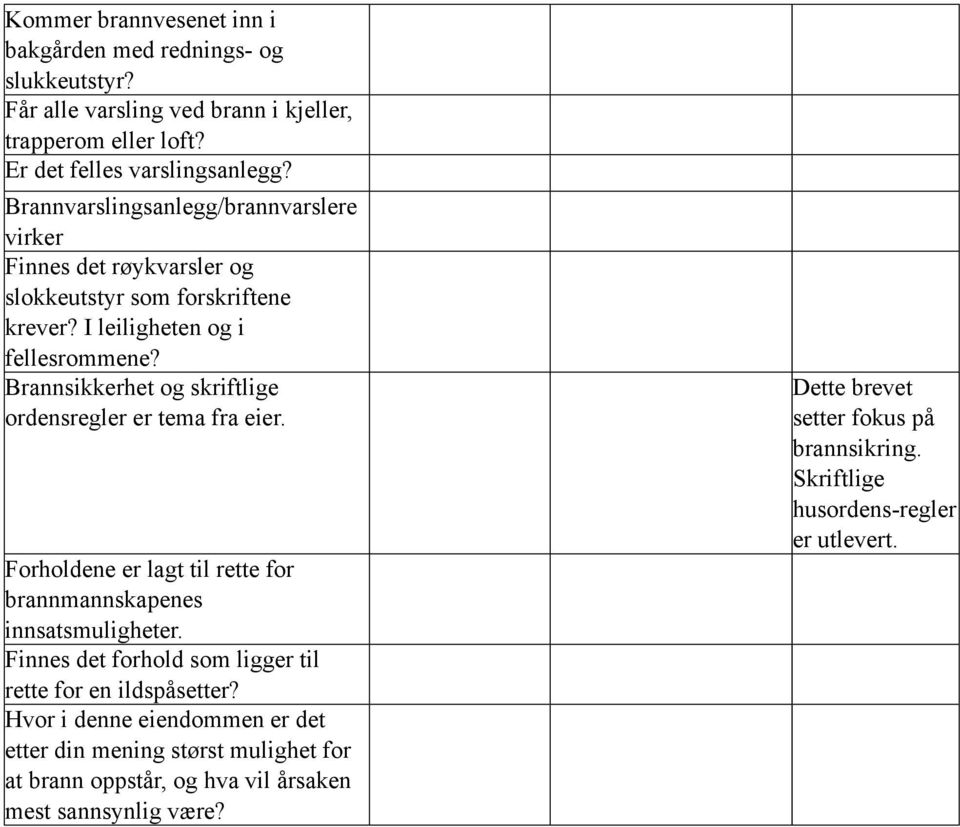 Brannsikkerhet og skriftlige ordensregler er tema fra eier. Forholdene er lagt til rette for brannmannskapenes innsatsmuligheter.