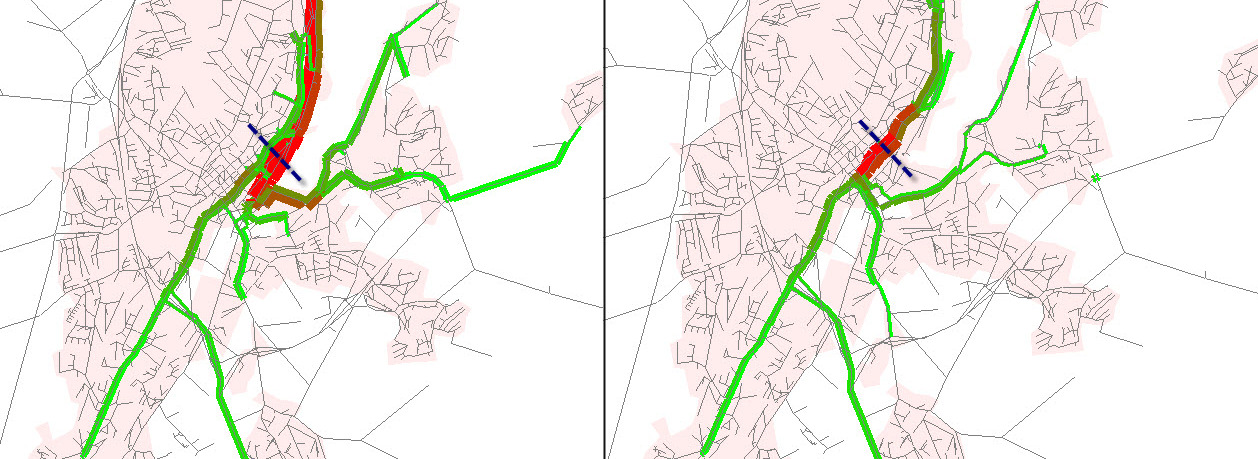 I Figur 11 er det gjort en selected-link analyse av biltrafikk som passerer Elvegata eller St.Olavs gate. Som for Hanaveien ser vi at trafikkmønsteret endrer karakter.