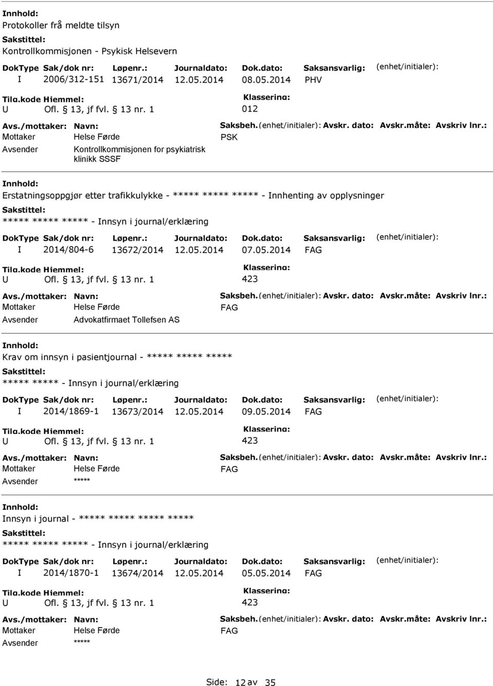 opplysninger - nnsyn i journal/erklæring 2014/804-6 13672/2014 07.05.