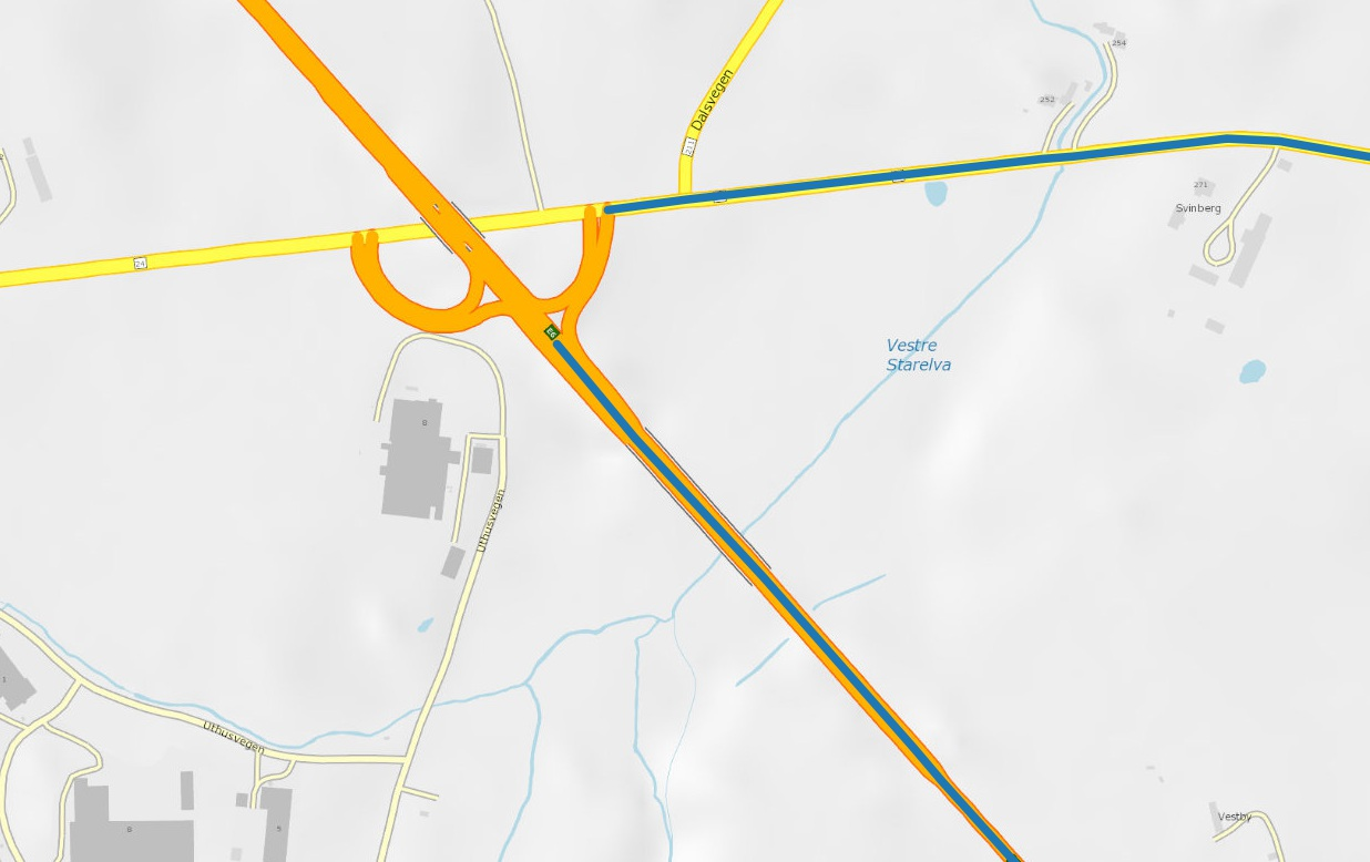 Figur 10. Her ved E18 Lysaker er det stor fysisk avstand mellom avkjøringsmuligheter for øst- og vestgående trafikk på nesten samtlige avkjørsler.