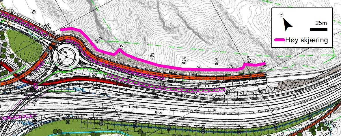 Kotehøyde (m) 5.8 SKJÆRING VED STORAVATNET, VEGLINJE 74000, PEL 350-680 Ved Storavatnet vil det bli en opptil ca. 30 m høy skjæring, som vil gå gjennom to utpregede bergrygger.