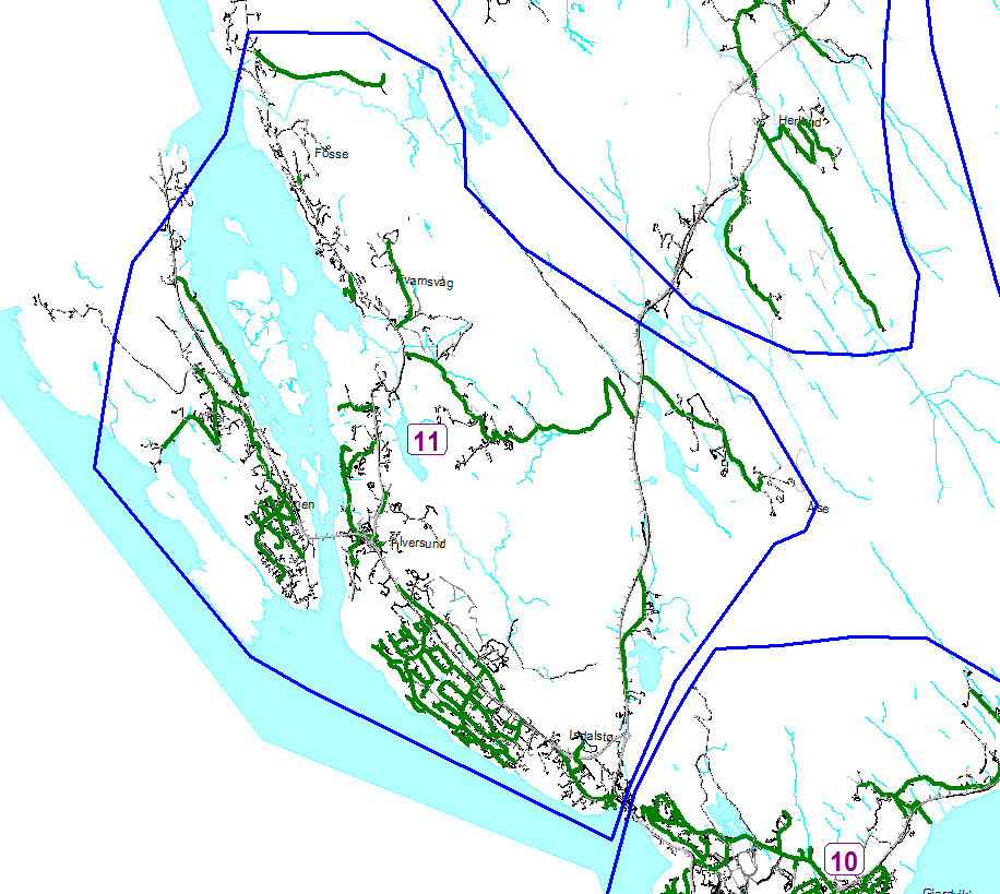 Rode 11 Fossevatn, Ø Fosse, Kvamsvåg, Håland, Alversund kai, Skulen, Tveiten, Alversund Kyrkje, Alvermarka, Ikenberg, Stølen, Hillandsvatn, Soltveit, Remmeneset, Hilland