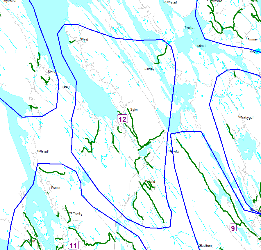 Rode 12 Elsås, Fiskeset, Seim/Hoplandsområdet, Eikeland, Koppardal,