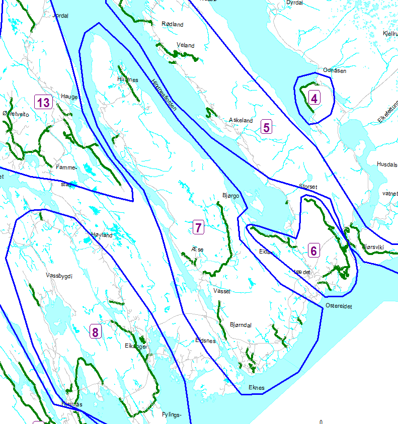 Rode 7 Eknes, Bjørndal, VA-vannstasjon, Eidsheim, Bjørge, Hindenes kai, Hindenes indre