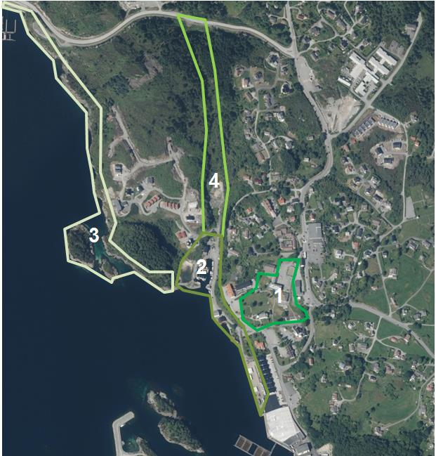 5.1.2 Grønstruktur 4 område peikar seg ut som sentrale grøne strukturar: Figur 9: Dei 4 mest sentrale grøne strukturane på Storebø 1) Det sentrale parkområdet (sjå nr 1 på fig 8) Midt i Storebø ligg