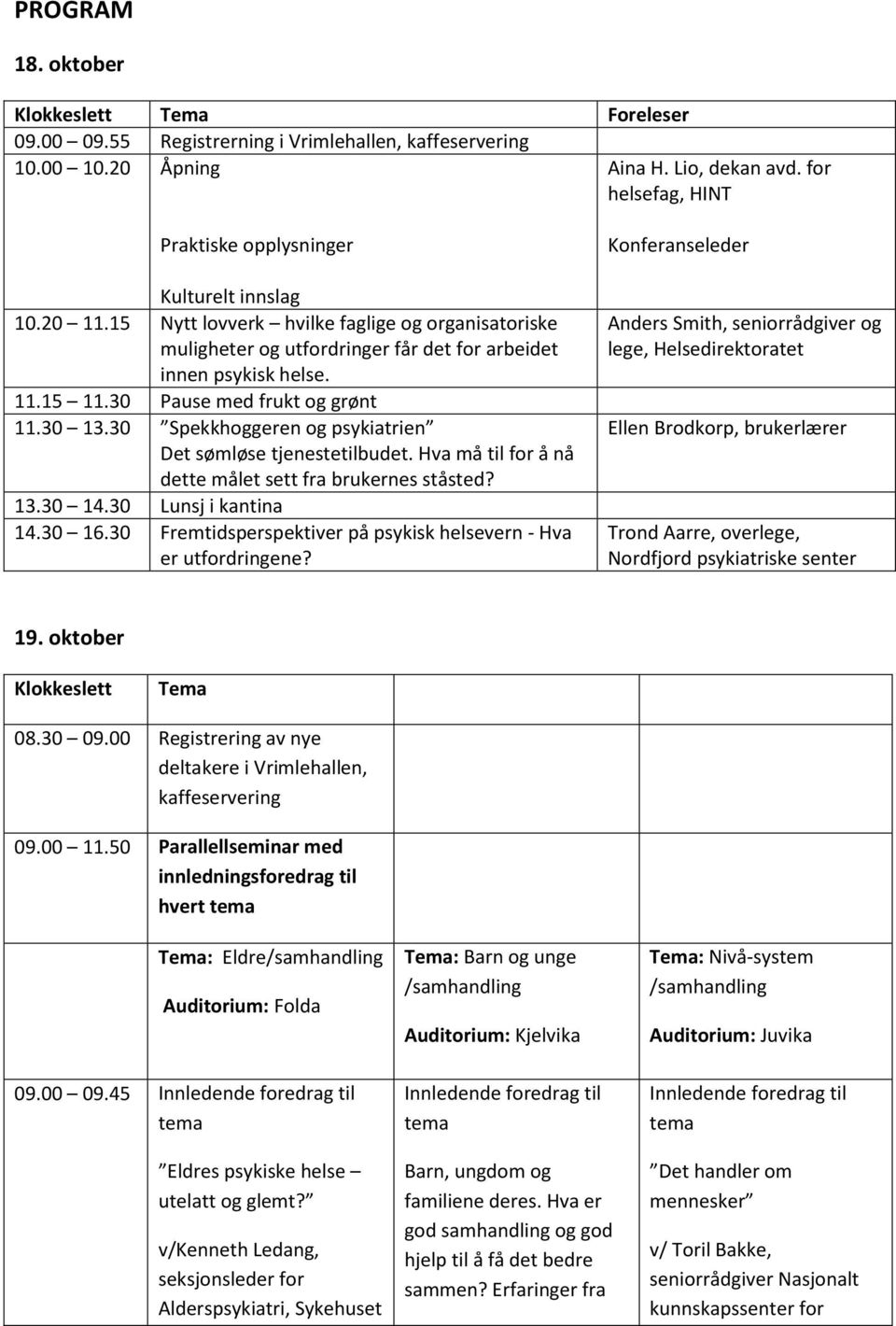 30 Pause med frukt og grønt 11.30 13.30 Spekkhoggeren og psykiatrien Det sømløse tjenestetilbudet. Hva må til for å nå dette målet sett fra brukernes ståsted? 13.30 14.30 Lunsj i kantina 14.30 16.