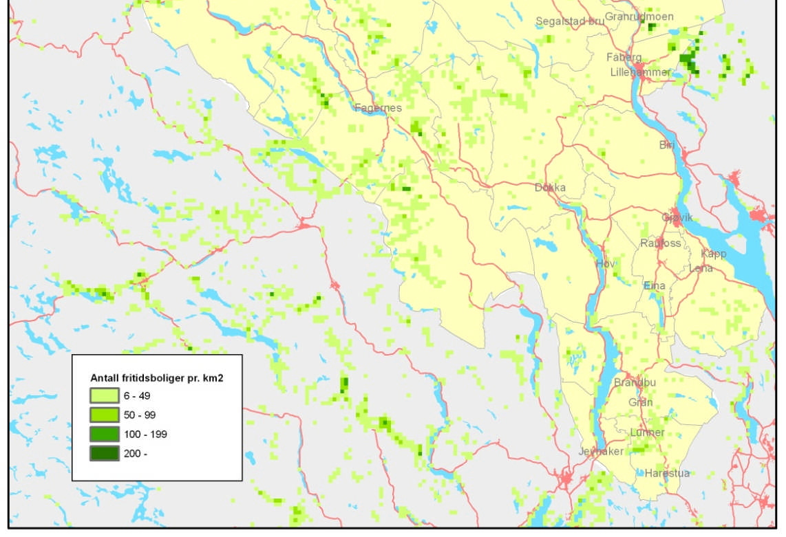 Lokalisering av fritidsboliger i Oppland etter tetthet.