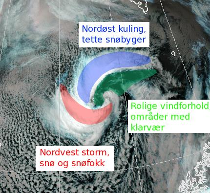 Været i et polart lavtrykk: Signifikant vær i venstre halvdel Gjennomsnitts observert maks vind 42kt 25% har 50kt eller mer (observert)