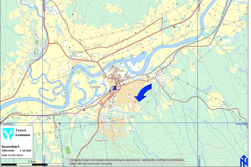 Planbeskrivelse omregulering av veibredder på Jørgensmoen (R99b) 3 Ill.-1 Oversiktskart. Området ligger sør for Litun og øst for Skogstua barnehage i Tynset sentrum.