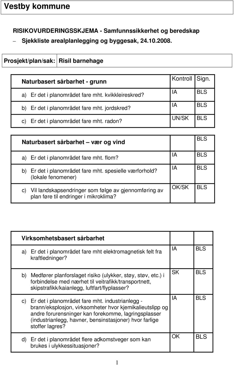 radon? Kontroll Sign. UN/SK Naturbasert sårbarhet vær og vind a) Er det i planområdet fare mht. flom? b) Er det i planområdet fare mht. spesielle værforhold?