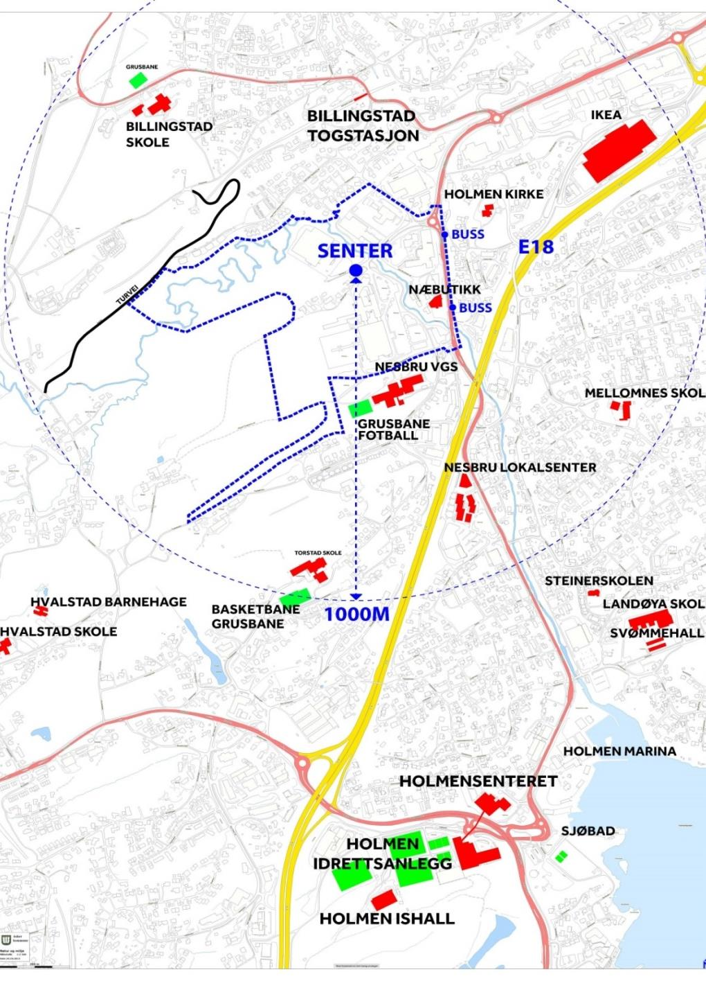 Planområdets lokalisering og eksisterende tilbud Ligger i «bybåndet» ca 1,8 km til Holmen ca 3 km til Sandvika Kollektivtilbud Billingstad stasjon med 4 tog/time