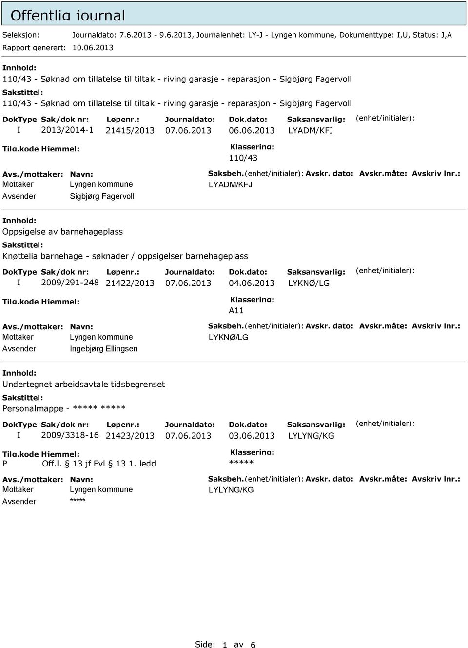 2013/2014-1 21415/2013 LYADM/KFJ 110/43 Avs./mottaker: Navn: Saksbeh. Avskr. dato: Avskr.måte: Avskriv lnr.