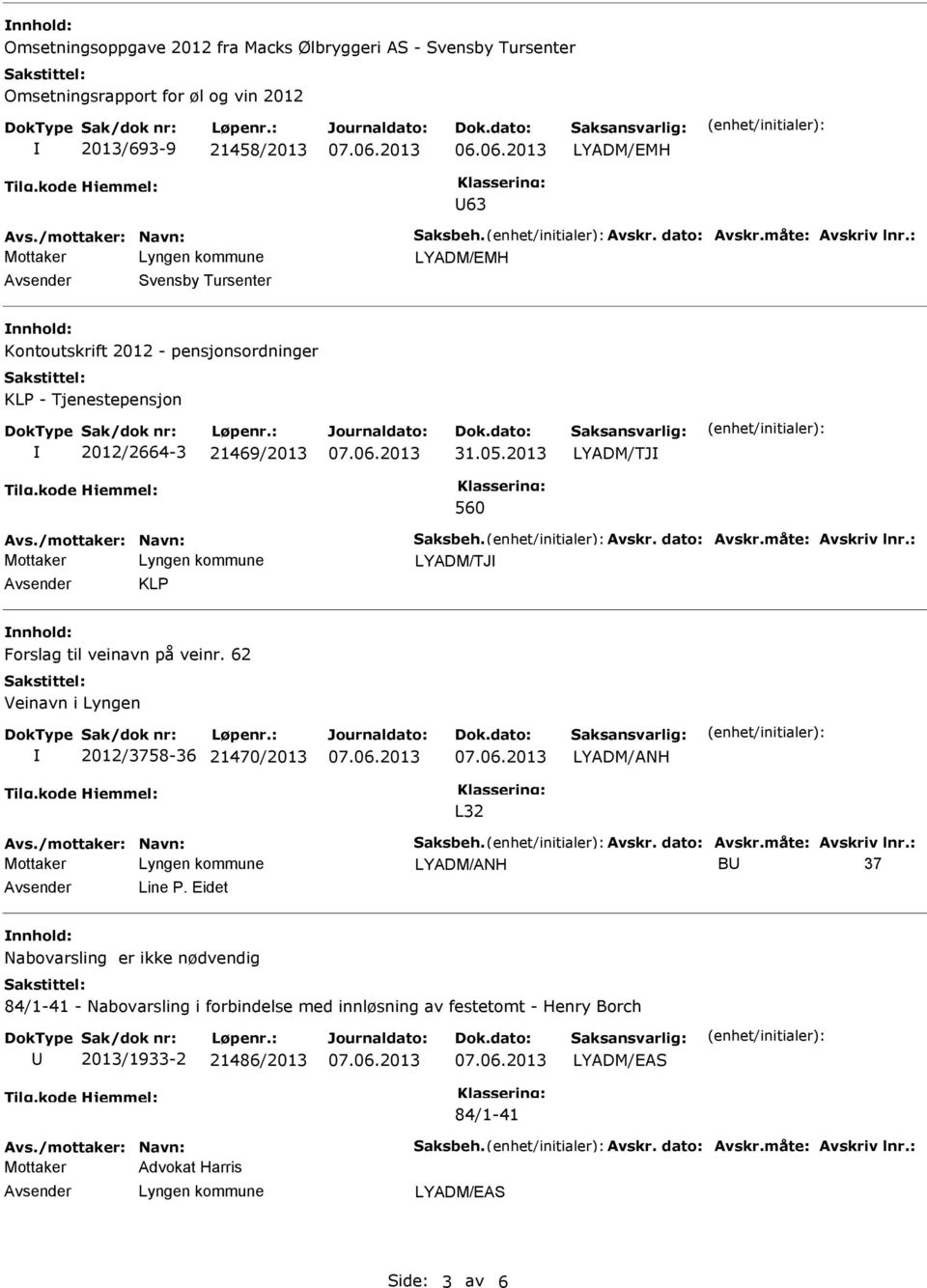 måte: Avskriv lnr.: LYADM/TJ Avsender KL nnhold: Forslag til veinavn på veinr. 62 Veinavn i Lyngen 2012/3758-36 21470/2013 LYADM/ANH L32 Avs./mottaker: Navn: Saksbeh. Avskr. dato: Avskr.