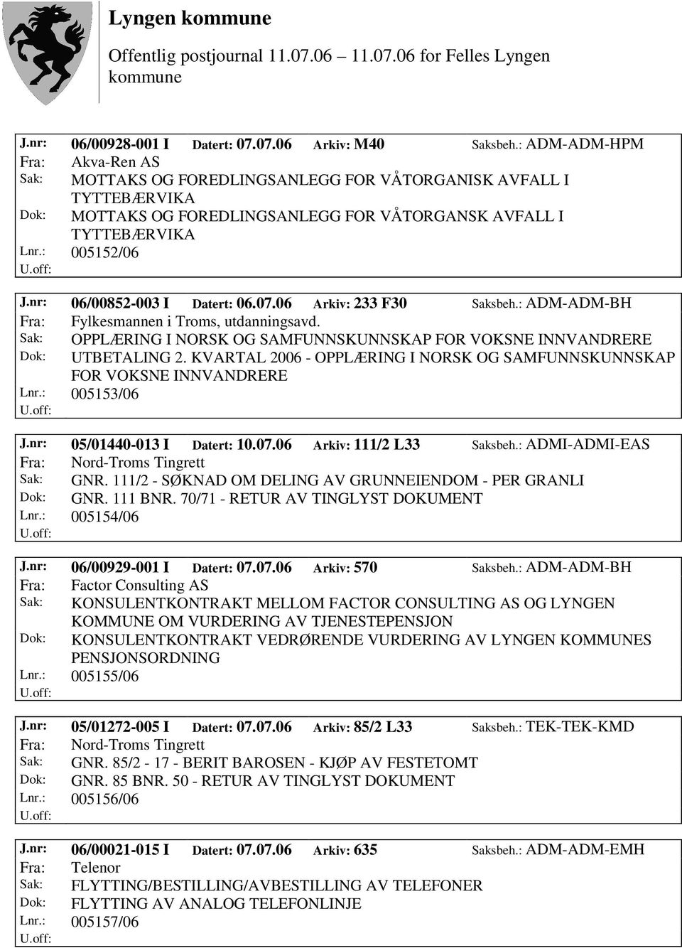 nr: 06/00852-003 I Datert: 06.07.06 Arkiv: 233 F30 Saksbeh.: ADM-ADM-BH Fra: Fylkesmannen i Troms, utdanningsavd. Sak: OPPLÆRING I NORSK OG SAMFUNNSKUNNSKAP FOR VOKSNE INNVANDRERE Dok: UTBETALING 2.