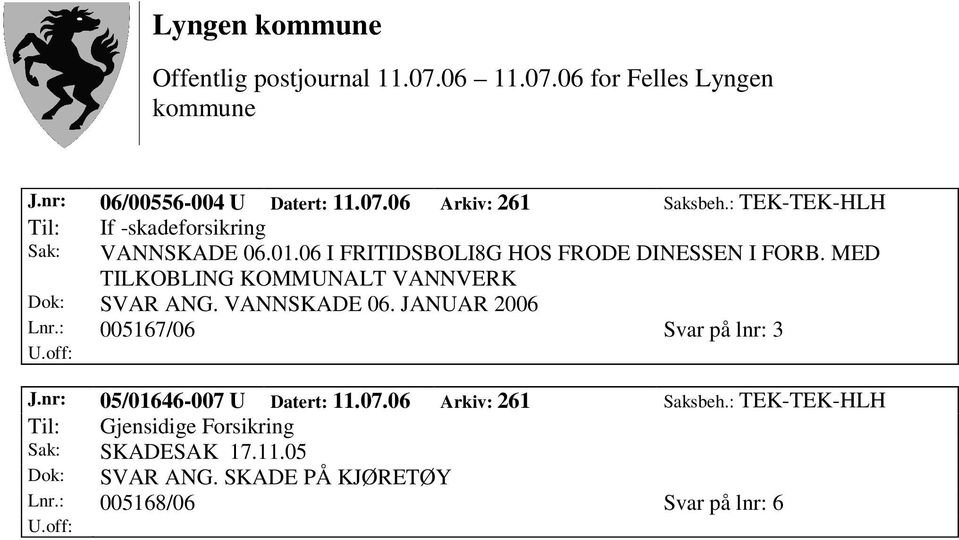 JANUAR 2006 Lnr.: 005167/06 Svar på lnr: 3 J.nr: 05/01646-007 U Datert: 11.07.06 Arkiv: 261 Saksbeh.