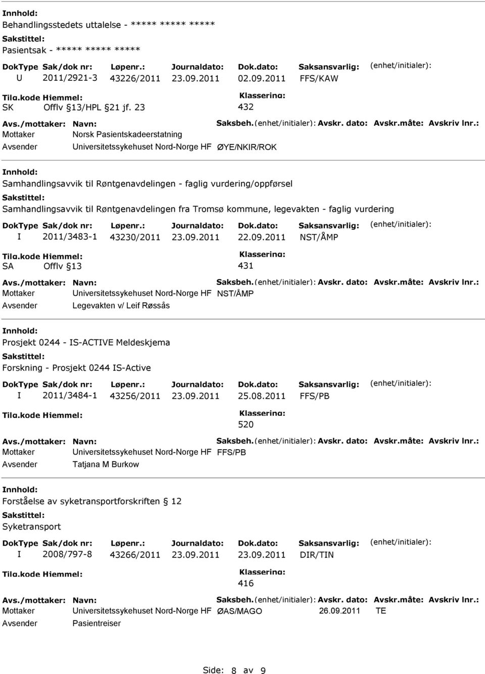 Røntgenavdelingen fra Tromsø kommune, legevakten - faglig vurdering 2011/3483-1 30/2011 NST/ÅM SA Offlv 13 431 Avs./mottaker: Navn: Saksbeh. Avskr. dato: Avskr.måte: Avskriv lnr.