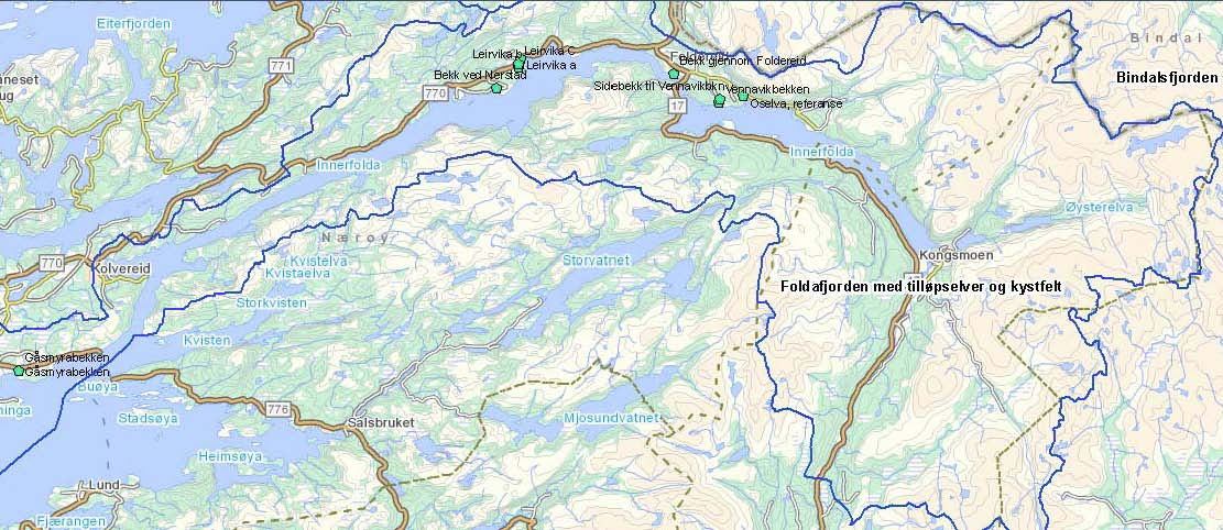 Figur 17. Prøvetakingsstasjoner for vannkjemi i nedre del av Stjørdalsvassdraget (jf. Vannnett).