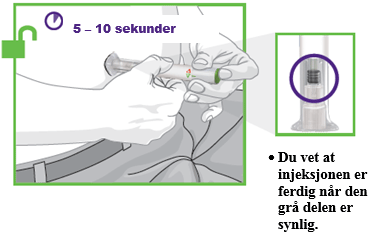 2. PLASSÉR OG LÅS OPP Plassér den gjennomsiktige bunnplaten flatt og fast mot huden din på injeksjonsstedet. ved å vri låseringen. 3.