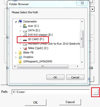 Du vil da få opp dette bildet (fig 16.): Klikk en gang på «SD CARD (F:)» (det kan stå «flyttbar disk», «minnekort» e.l.). Klikk deretter på «OK».