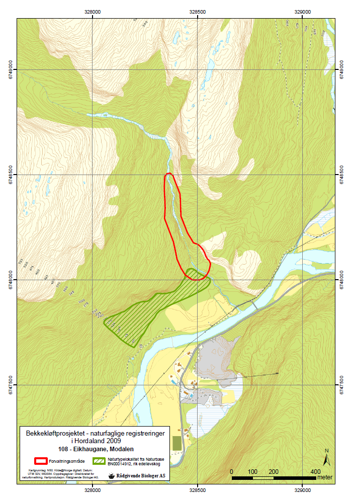 Figur 7. Kart over forvaltningsområdet for Eikhaugane (lok. 108) og naturtypelokalitet fra Naturbase.