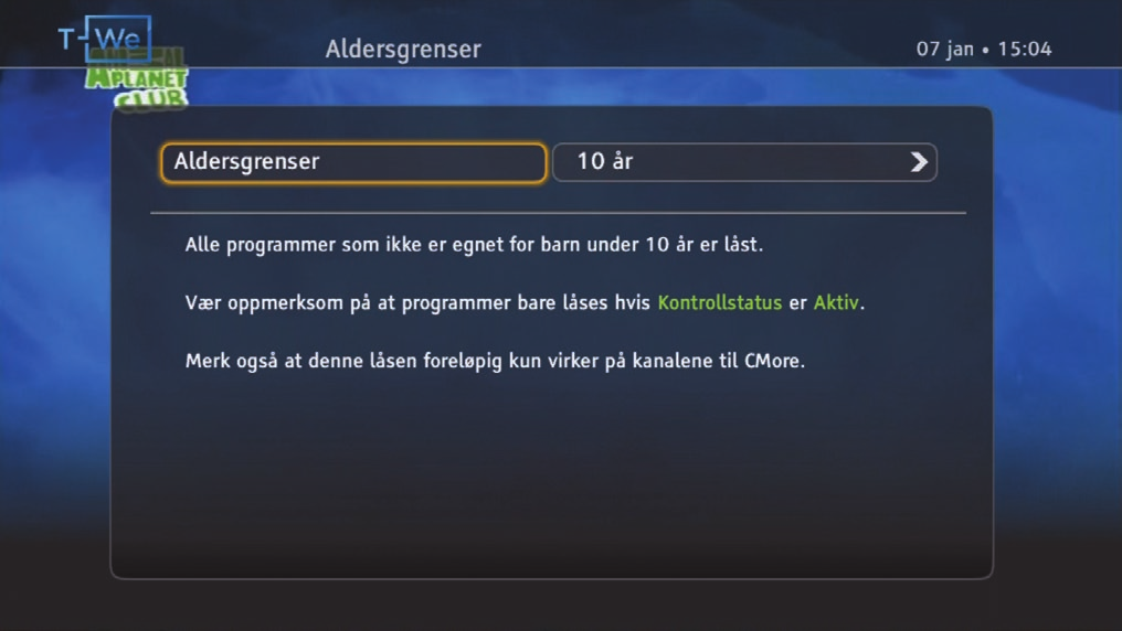 Foreldrekontroll Aldersgrenser Du må aktivere låsene ved å sette Kontrollstatus til Aktiv. Med Aldersgrenser kan du hindre at barna dine ser på programmer de er for unge til å se på.