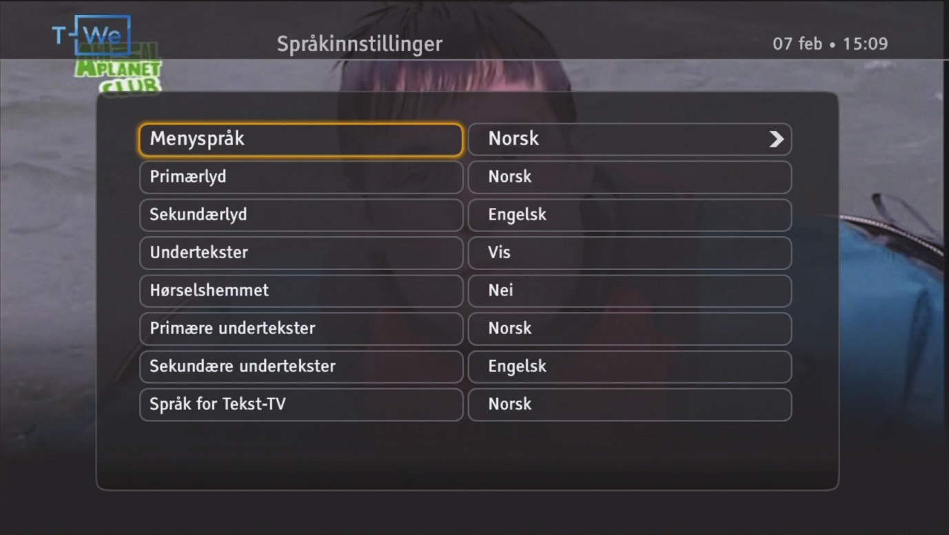 Språkinnstillinger Menyspråk Velg språket for skjermmenyene. Primær- og sekundærlyd Enkelte programmer kan bli sendt med alternative lydspor. Bruk denne innstillingen til å velge foretrukket lydspor.