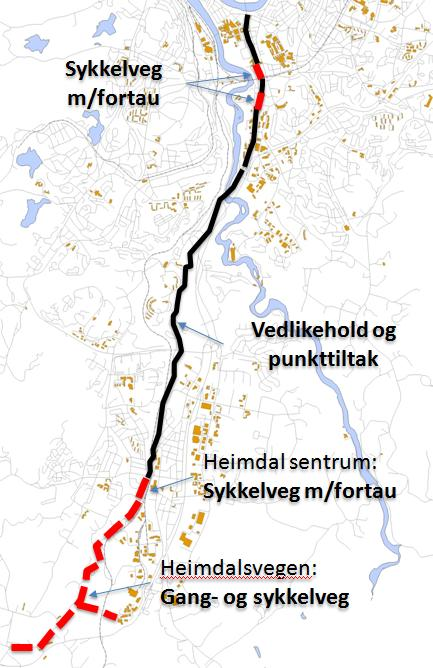 Heimdalsruta (Rute Sør) Tiltaksbeskrivelse Kart Gang- og sykkelveg fra Heimdal ned til Klett er del av den regionale hovedruta fra Heimdal og sørover til Melhus/Buvika. Sykkelvegen langs Fv.