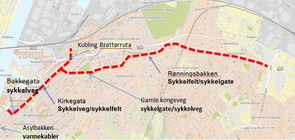 Ranheimsruta (Kirkegata, Gamle Kongeveg og Rønningsbakken) Tiltaksbeskrivelse Kart Hovedruta legges i sidegatene til Innherredsveien fra Bakke bru til Rosendal.