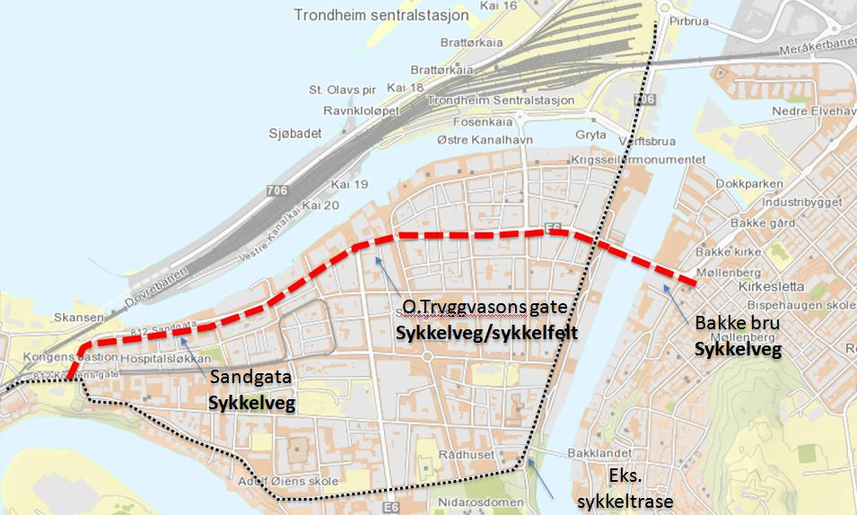 Midbyruta - Nord Tiltaksbeskrivelse Kart I 2012 ble en sammenhengende rute fra Ila via Elvegata, Prinsens gate og Kjøpmannsgata fram til Gryta etablert.