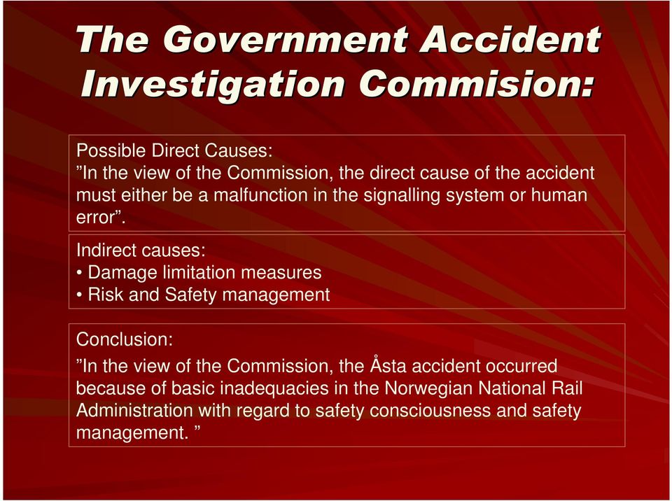 Indirect causes: Damage limitation measures Risk and Safety management Conclusion: In the view of the Commission, the