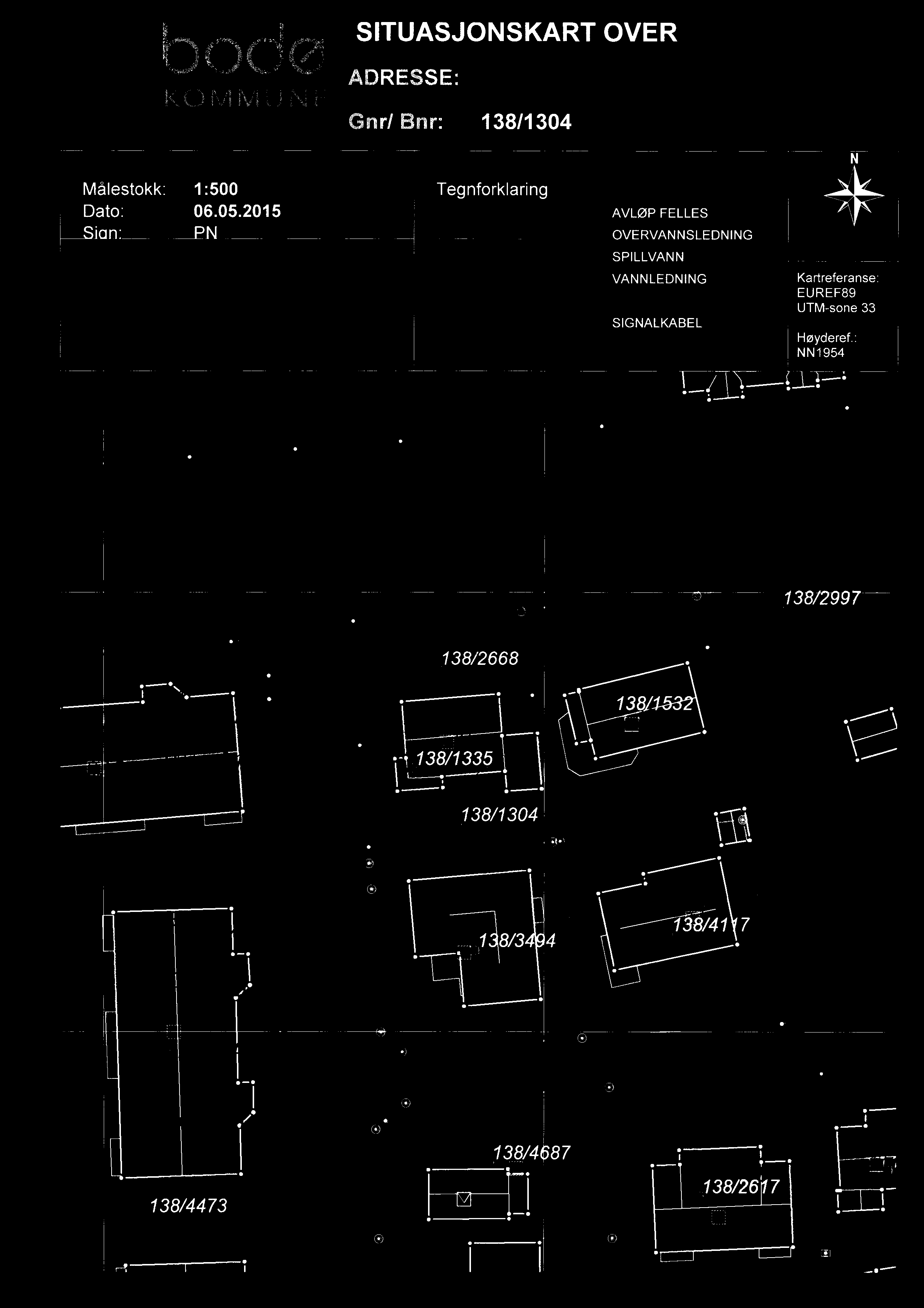 % SITUASJONSKART OVER KO M M U N E ADRESSE: Gnrl Bnr: 138/1304 Målestokk: 1:500 Tegnforklaring Dato: 06.05.2015 AvLøP FELLES Sion' PN _ overvannslednlng splllvann _ Kartinnholdet er ikke kontrollert.
