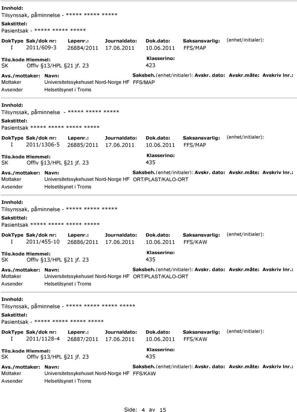 måte: Avskriv lnr.: Mottaker niversitetssykehuset Nord-Norge HF ORT/PLAST/KALO-ORT Helsetilsynet i Troms nnhold: Tilsynssak, påminnelse - ***** ***** ***** 2011/455-10 26886/2011 435 Avs.