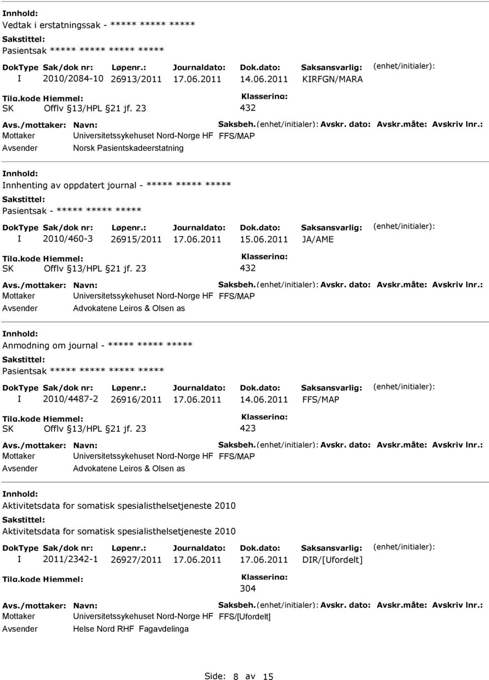 måte: Avskriv lnr.: Mottaker niversitetssykehuset Nord-Norge HF Advokatene Leiros & Olsen as nnhold: Anmodning om journal - ***** ***** ***** 2010/4487-2 26916/2011 Avs./mottaker: Navn: Saksbeh.