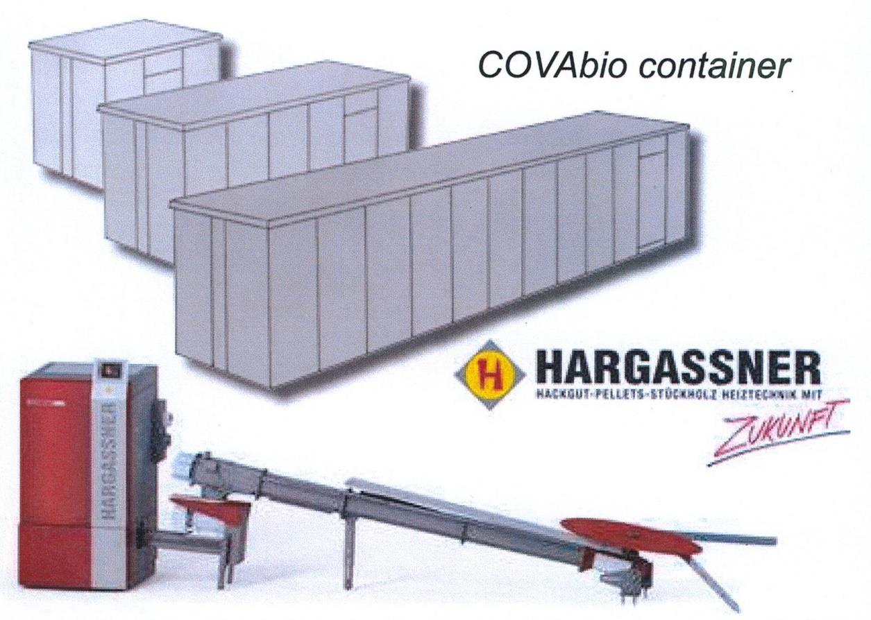 FLISFYRINGSANLEGG bio Container Hargassner flisfyringsanlegg bygges inn i container. Dette gjelder kjeler opp til 120 kw. Containerne er kledd utvendig med fiberbetongplater.