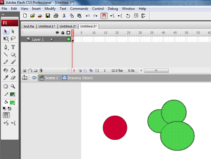 Fra Shape objekt til tegningsobjekt (1). Her er 3 grønne Shape-objekter. De er alle markert med Selection Tool.