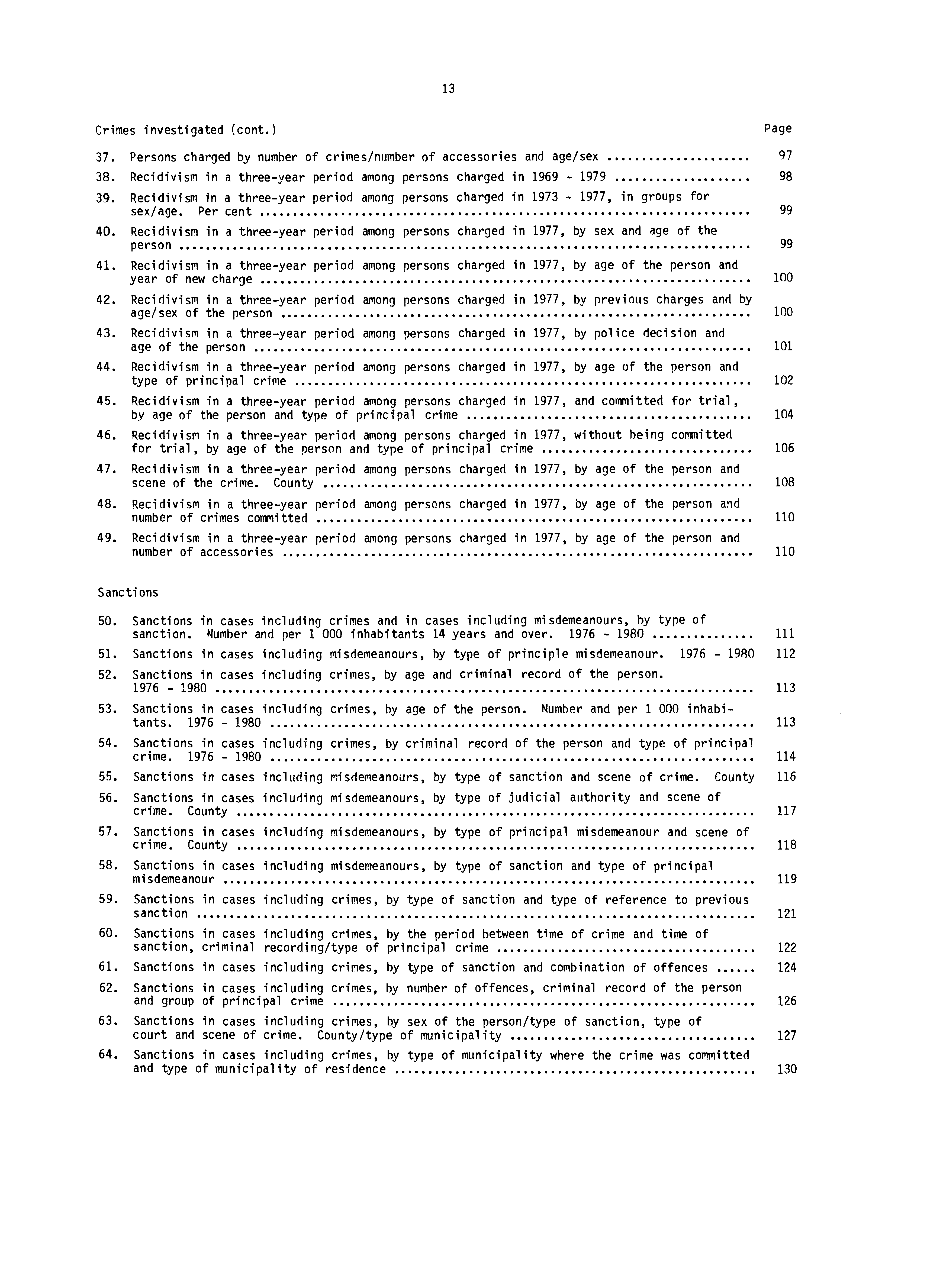 Crimes investigated (cont.) Page. Persons charged by number of crimes/number of accessories and age/sex. Recidivism in a threeyear period among persons charged in.