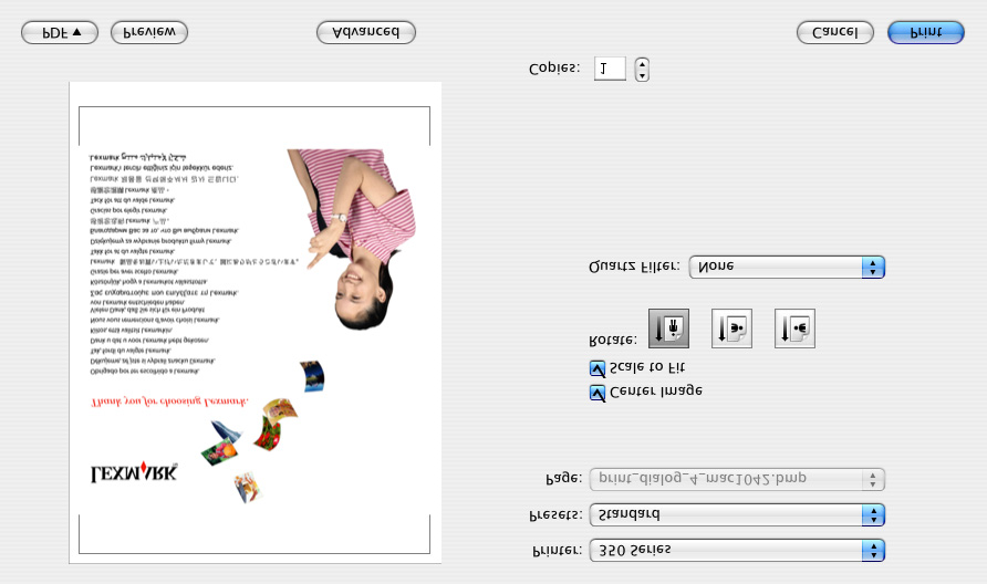 Dialogboksen Skriv ut vises. For Mac OS X versjon 10.3 eller nyere: For Mac OS X versjon 10.4 eller nyere: 2 Velg 350 Series på skrivermenyen. Merk: For Mac OS X versjon 10.