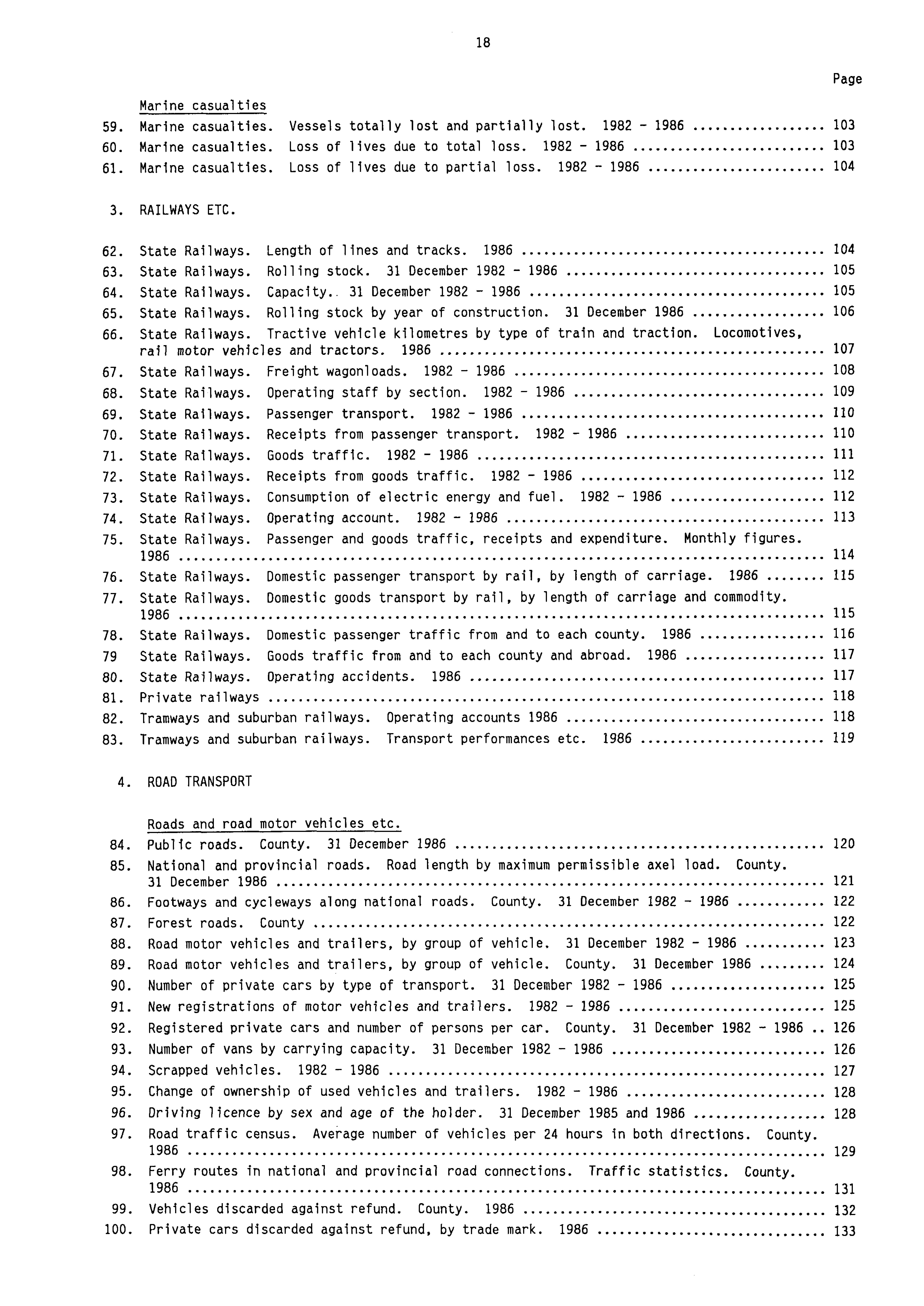 18 Marine casualties 59. Marine casualties. Vessels totally lost and partially lost. 1982-1986 103 60. Marine casualties. Loss of lives due to total loss. 1982-1986 103 61. Marine casualties. Loss of lives due to partial loss.