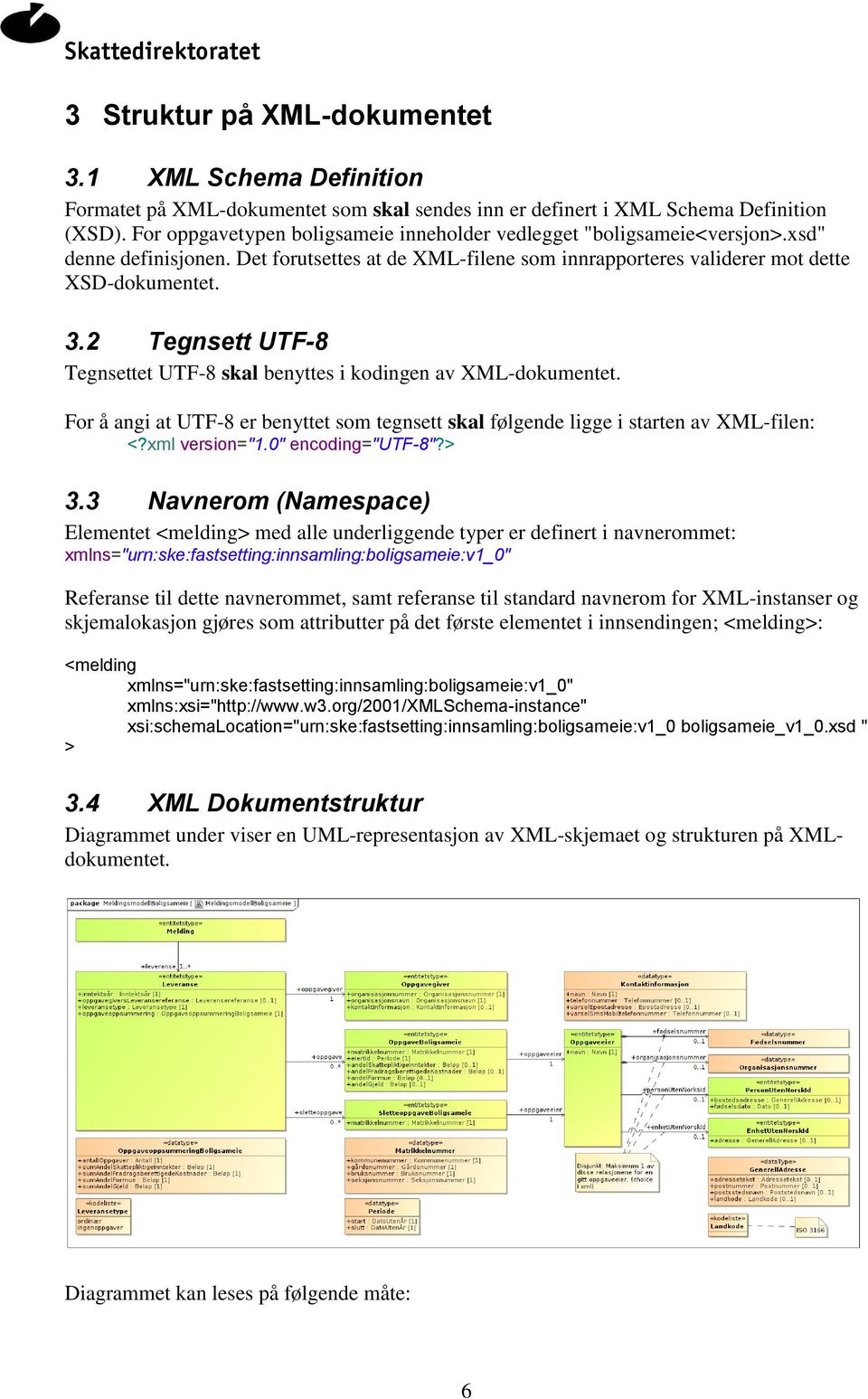 2 Tegnsett UTF-8 Tegnsettet UTF-8 skal benyttes i kodingen av XML-dokumentet. For å angi at UTF-8 er benyttet som tegnsett skal følgende ligge i starten av XML-filen: <?xml version="1.