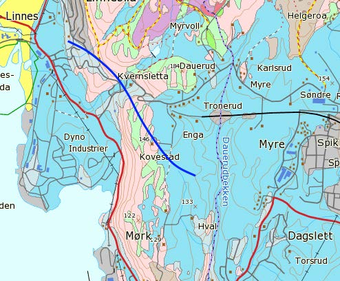 Figur. Kvartærgeologisk kart for Dagslet-Linnes. Omtrentlig tunneltrasè er vist i blått.