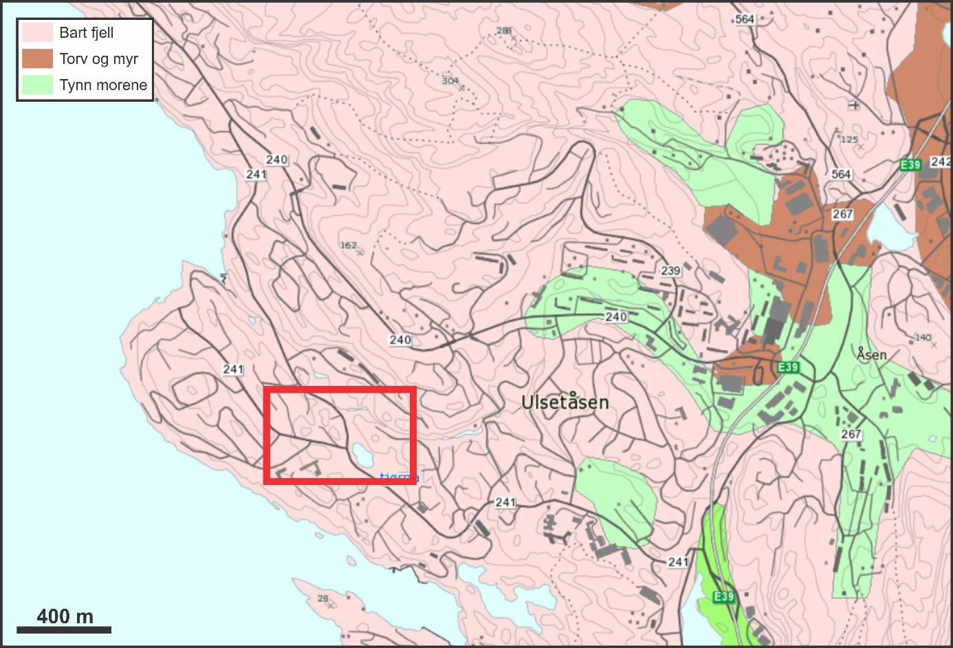 morenemateriale og smeltevassavsetjingar i dei fleste lier og dalstrøk. I undersøkingsområdet har NGU kartlagd bart fjell (Figur 4).