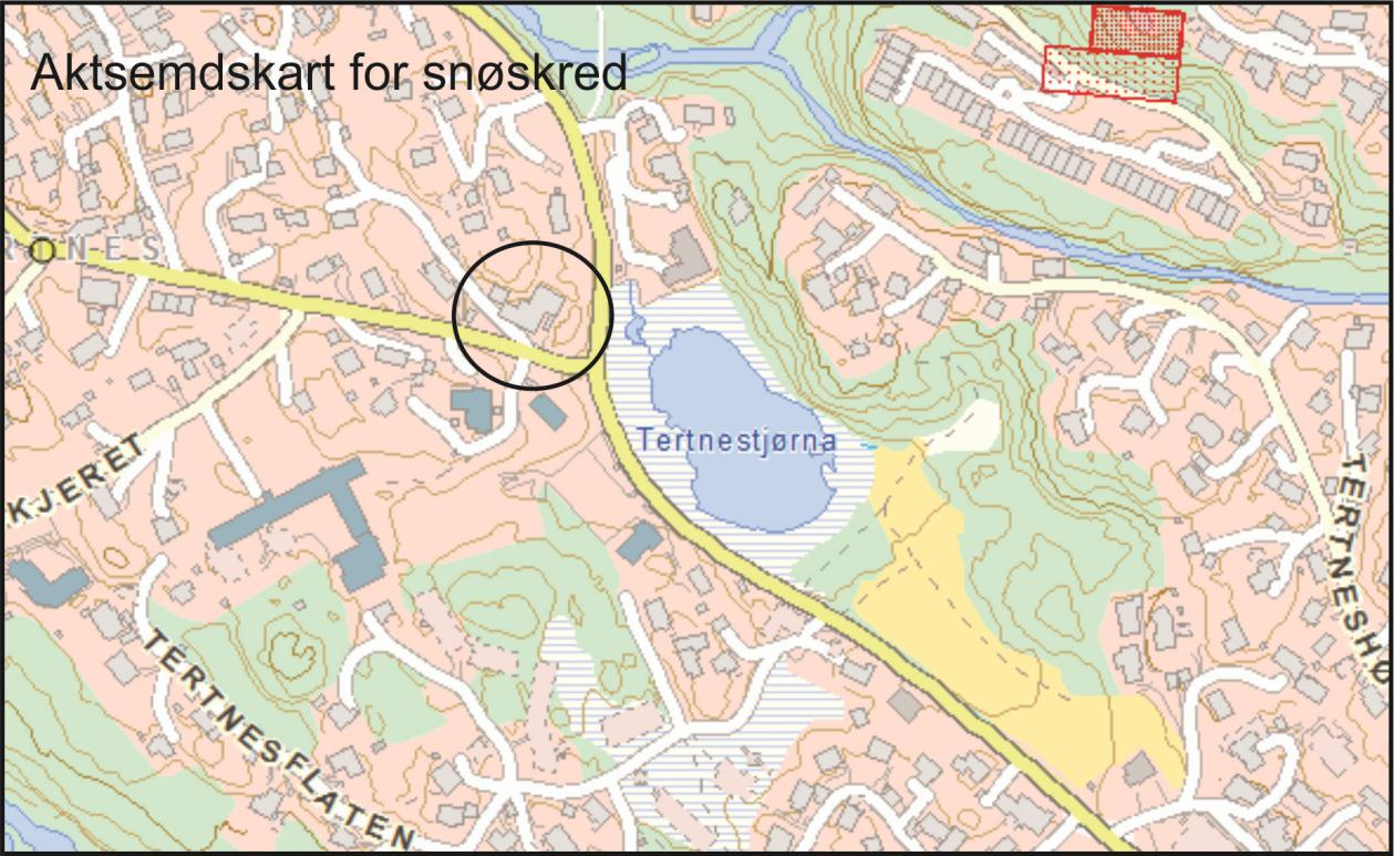 Figur 6: Aktsemdskart for snøskred ved Bekkjarvikvegen. Potensielle kjeldeområder er merka av med mørkeraudt, medan modellerte utløpsområder er merka av med lyseraudt.