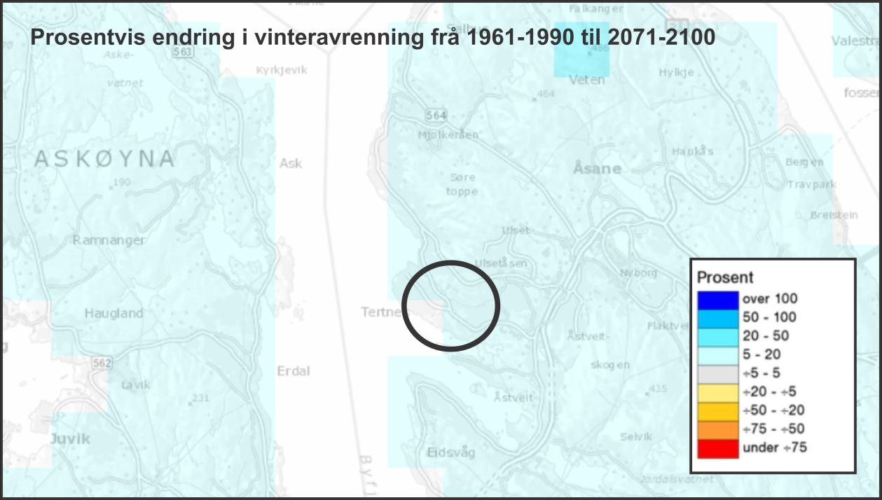 Figur 31: Vinteravrenninga vil i følgje modellen auke med 5-20 % fram mot 2071-2100. Kjelde: Meteorologisk institutt.