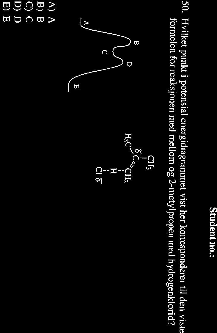 50. vilket punkt i potensial energidiagrammet vist her korresponderer til den viste formelen for reaksjonen med mellom og 2-metylpropen med hydrogenklorid?