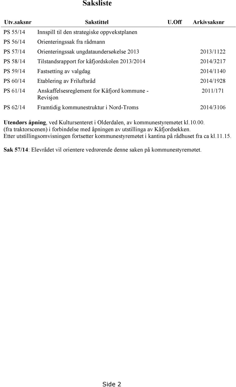 kåfjordskolen 2013/2014 2014/3217 PS 59/14 Fastsetting av valgdag 2014/1140 PS 60/14 Etablering av Friluftsråd 2014/1928 PS 61/14 Anskaffelsesreglement for Kåfjord kommune - Revisjon 2011/171 PS